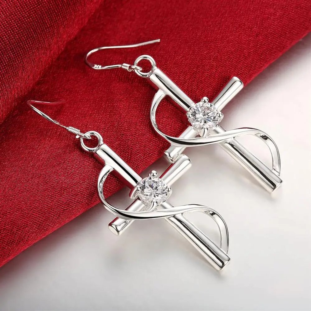 Beautiful Crystal Cross Hanging Earring's Solid 925 Sterling Silver